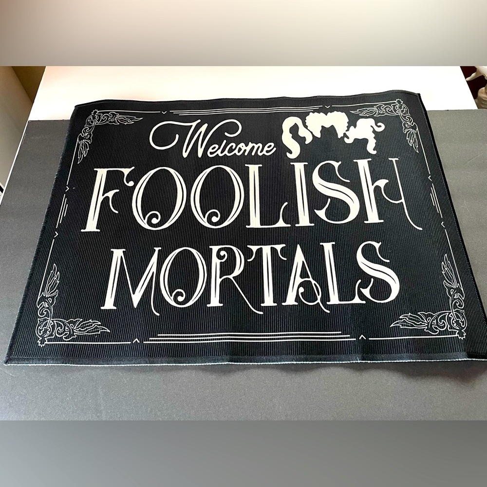 NWT Halloween sign mat Great home decor Black and white with slip resistant back